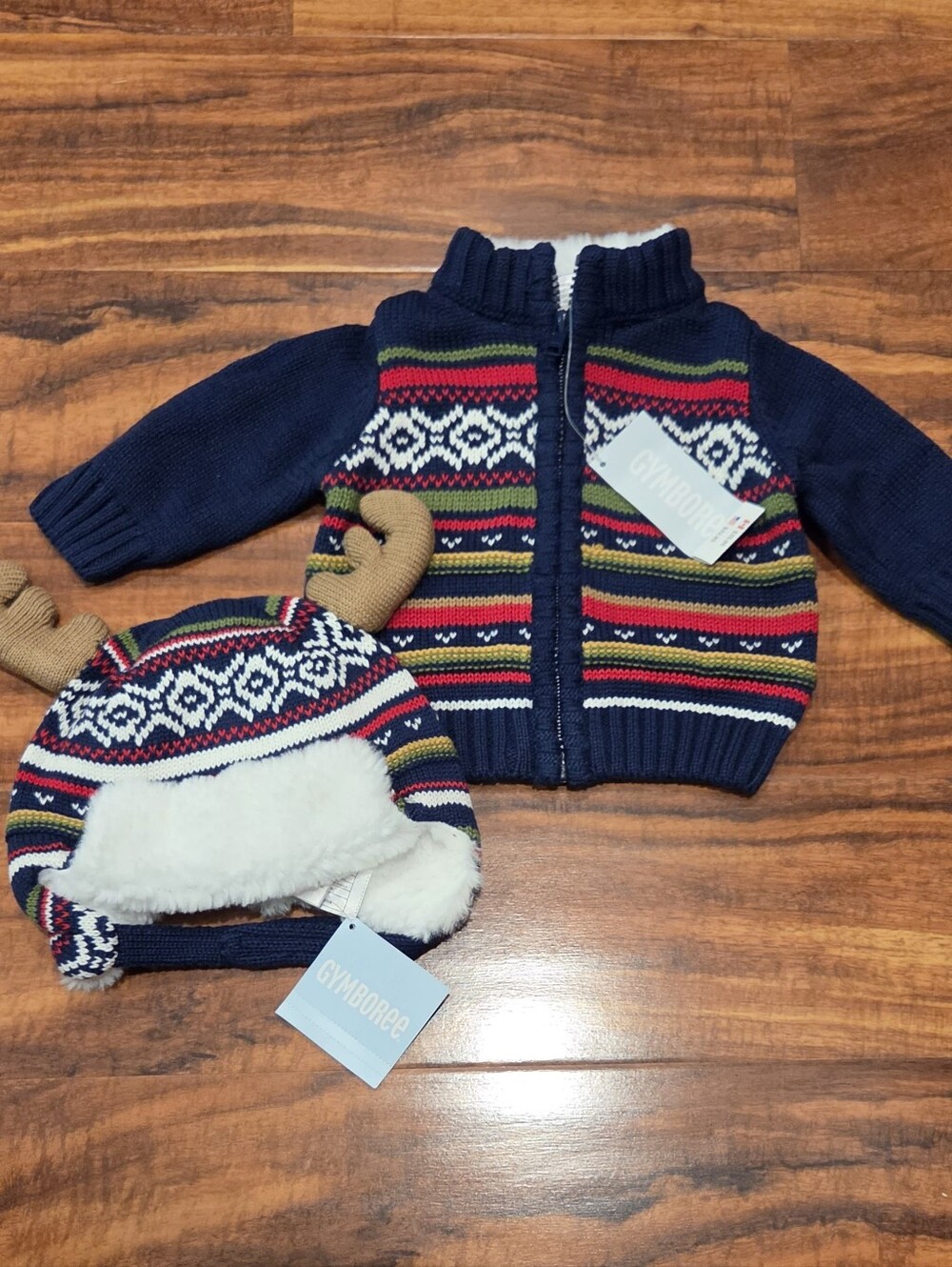 Gymboree NWT 0-3 Months Navy/Red Fair Isle Zip Sweater and Moose Hat Set